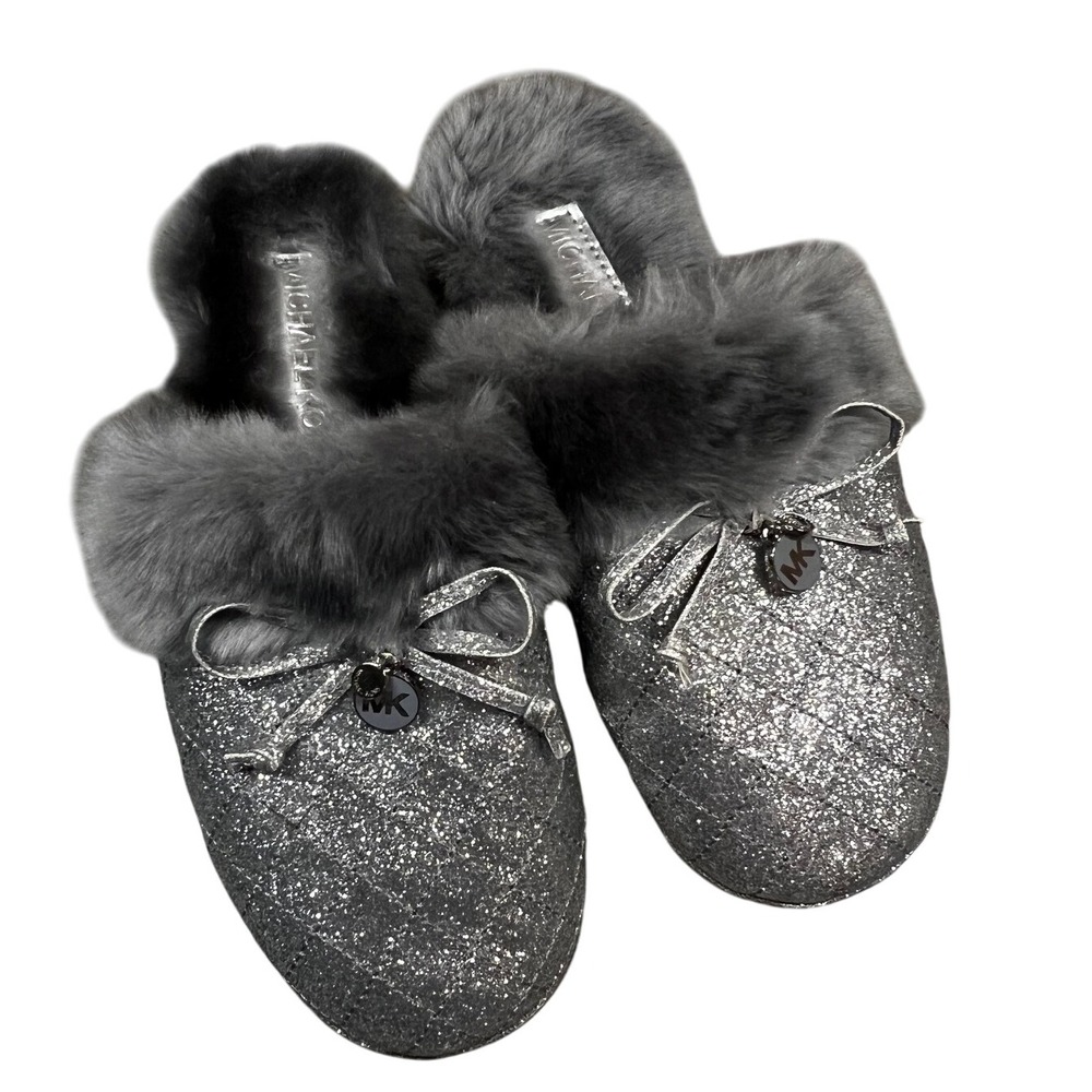 Michael Kors Women's Slippers‎ Gray Glitter Faux Fur Bow Accent Comfy Size 5